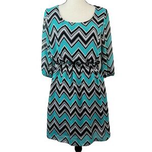 Espresso Chevron Striped Dress Womens Sz M Teal Green Black Blouson 3/4 Sleeve